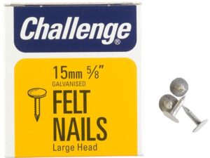 <div class="product-description">FELT XL HEAD CLOUT NAILS 15MM (225G); External Length:15mm; Material Gauge:-; Nail Material:Steel; Nail Type:Clout; Product Range:Challenge - Felt Nails</div><br><div class="product-features">Product Finish: Galvanised</div>