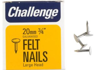 <div class="product-description">FELT XL HEAD CLOUT NAILS 20MM (225G); External Length:20mm; Material Gauge:-; Nail Material:Steel; Nail Type:Clout; Product Range:Challenge - Felt Nails</div><br><div class="product-features">Product Finish: Galvanised</div>