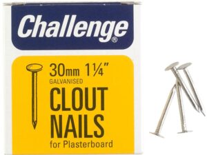 <div class="product-description">CLOUT PLASTERBOARD NAILS 30MM (225G); External Length:30mm; Material Gauge:-; Nail Material:Steel; Nail Type:Clout; Product Range:Challenge - Clout Nails</div><br><div class="product-features">Product Finish: Galvanised</div>