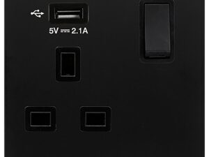 <div class="api-description">1-gang switched socket with USB-A socket.</div><br><div class="product-description">1 GANG MATT/BK 13A D-POLE SW/SO & USB</div><br><div class="product-features">Dimensions (WxHxD): 86x86x4mm</div>