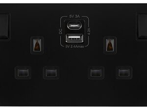 <div class="api-description">2-gang switched socket with USB-A and USB-C sockets.</div><br><div class="product-description">2 G MATT/BK 13A D-POLE SW/SO & A/C USB</div><br><div class="product-features">Dimensions (WxHxD): 146x86x4mm</div>