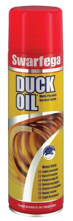 <div class="api-description">Silicone-free multi-purpose service spray that lubricates moving parts; penetrates to loosen seized or rusted compenents; displaces water and damp starts.</div><br><div class="product-description">DUCK OIL AEROSOL 500ML; Dispensing Method:Can; Lubricant Type:Oil; Volume:500ml; Weight:-; Colour:Yellow</div><br><div class="product-features">Silicone-free compatible for use in paintshops</div>